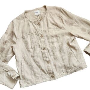 Tommy Bahama Jacket Shacket Womens Large 100% Linen Palms Embroidered Raw Edge I